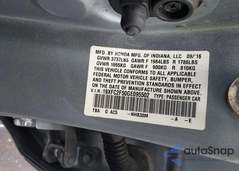 2016 Honda Civic Lx из США, поврежденный, VIN 19XFC2F50GE095502